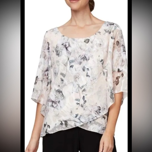 Alex Evenings Top Women Small Floral Blouse Cream Gray Short Wide Sleeve DD - Picture 1 of 10